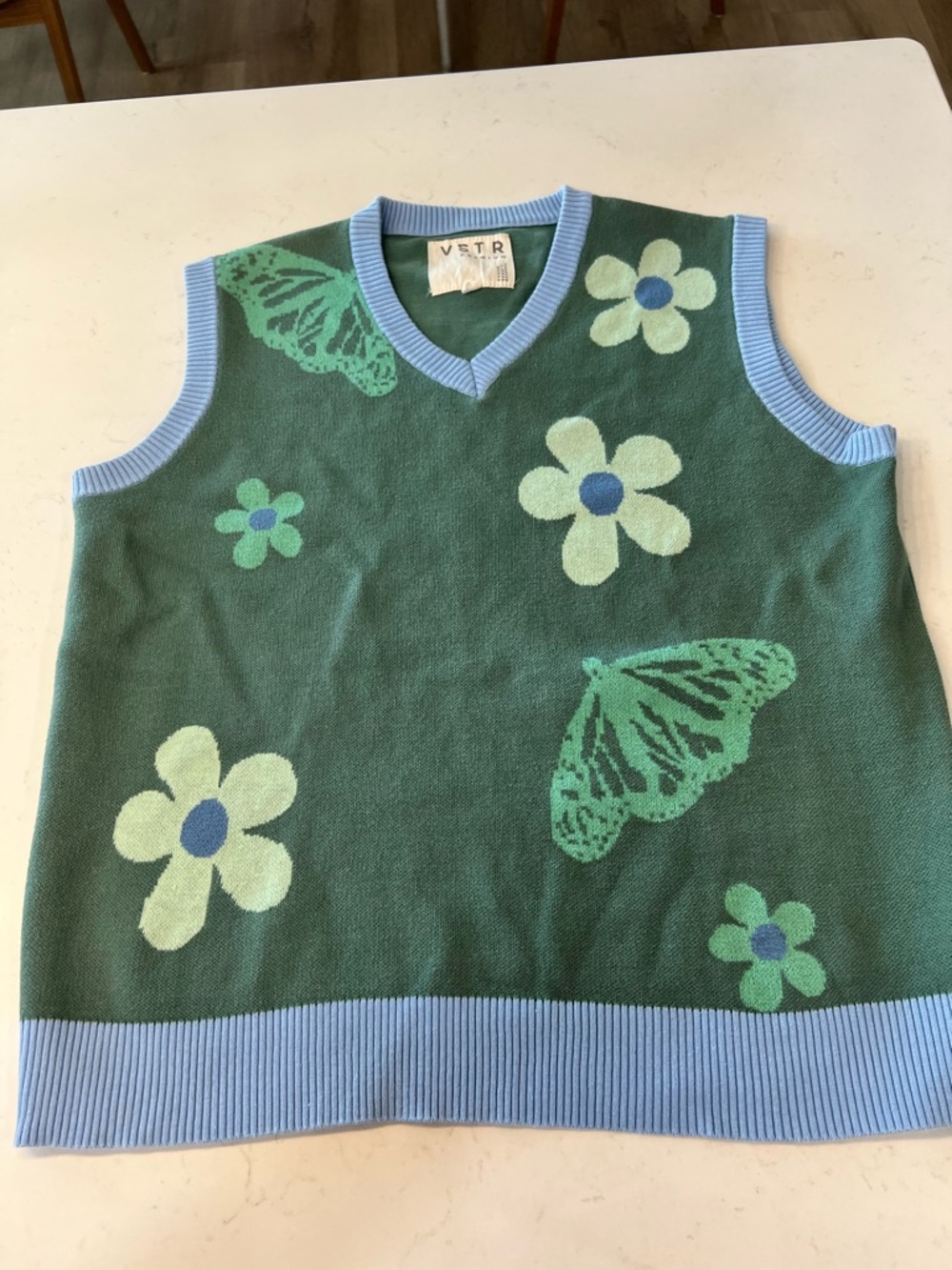VSTR Green Butterfly & Flower Knit Vest with Blue Trim